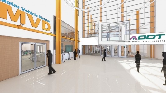 Interior architecture for the ADOT MVD. Material and color schematic choices. Integration into the commuity and natural environment. Sustainability. Phoenix AZ architects. 