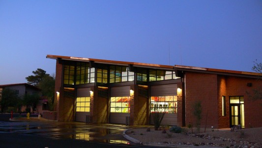 frontal exterior view for the carefree fire station number 1. sustainable and contemporary elemental details. lea architects. phoenix archtiecture firms. fire service and public safety. 