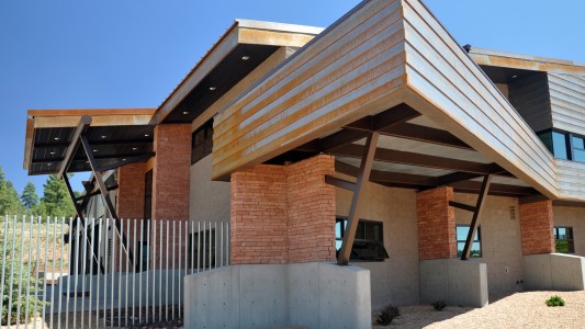 Outside of Grand Canyon National Park Airport Operations Building and ARFF. Detail deck image. specific material choice, sustainable and environmentally friendly. LEA Architects based in Phoenix AZ. 