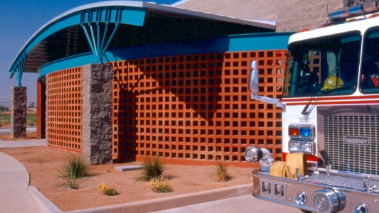 entry into the chandler fire station number 3. fire service and public safety. public works. community effort. lea architects, architecture in phoenix, arizona. 