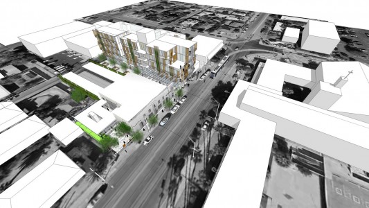 aerial design concept view of living quarters design. sustainable and green desing. residential, commercial mixed use. Phoenix AZ architecture and architects. commerical use, stores, restaurants, shopping complex.