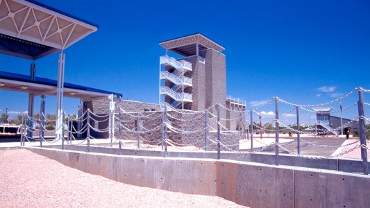 exterior architectural view of the chandler fire training facility and administration building. fire safety and public service. lea architects, local phoenix architecture firm in the valley. sustainable and modern designs. public works. 